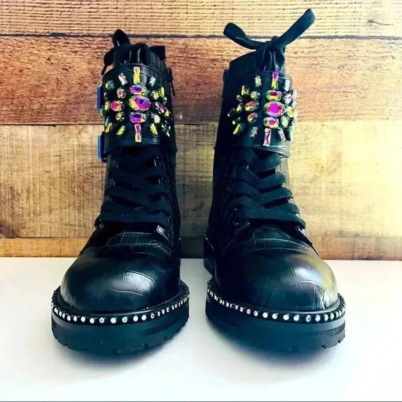 RARE NWT Kurt Geiger London Stoop Rainbow Crystal Oil Spill Leather Combat Boots - Picture 5 of 15